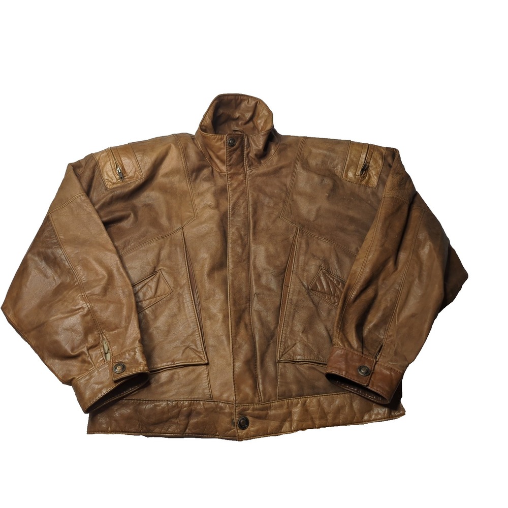 Vtg Adventure Bound Leather Bomber Jacket Mens M Brown 90s Shoulder Zip Utility